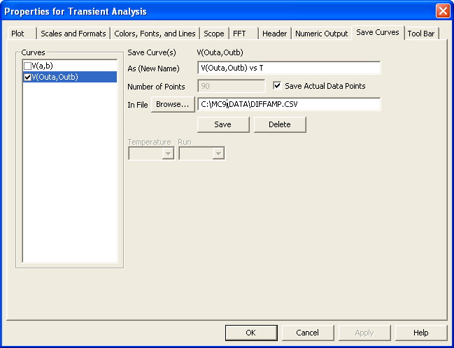 Analysis Properties - Save Curves page