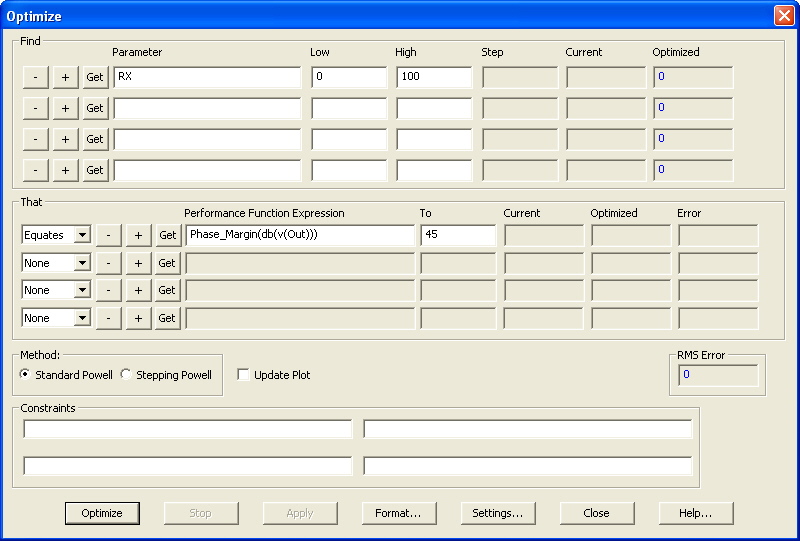 Optimizer dialog box settings