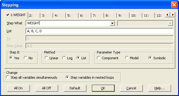 Stepping dialog box settings for the Weight variable