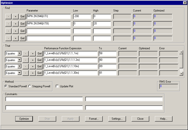 Optimizer dialog box settings for XTI and XTB