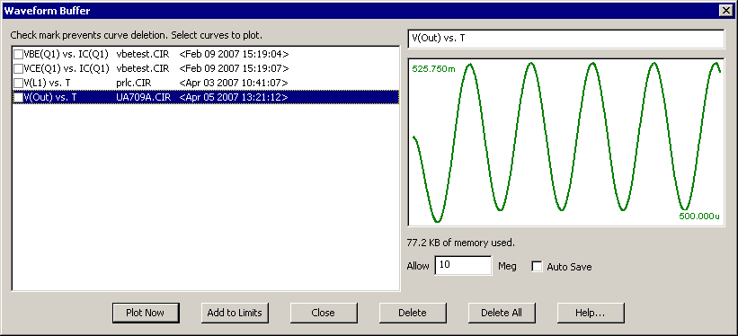 Waveform Buffer dialog box with V(Out) vs T