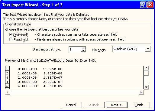 Excel import wizard page 1 of 3