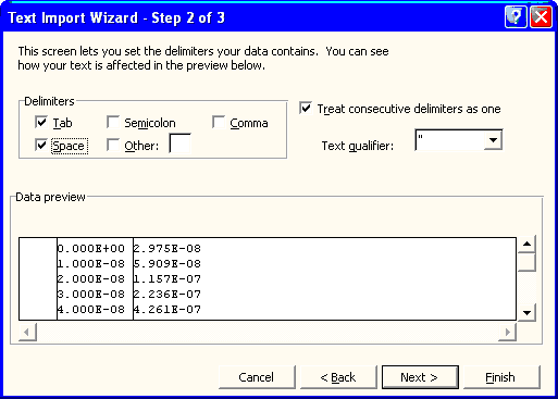 Excel import wizard page 2 of 3