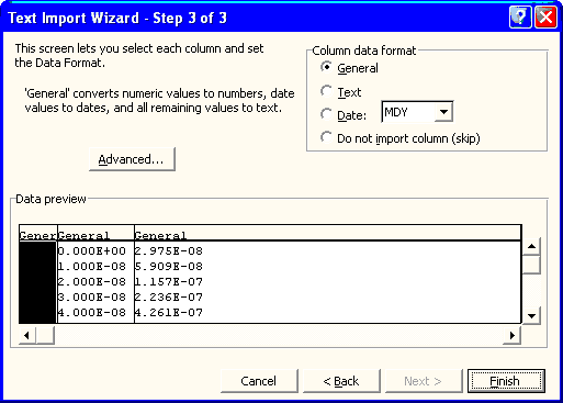 Excel import wizard page 3 of 3