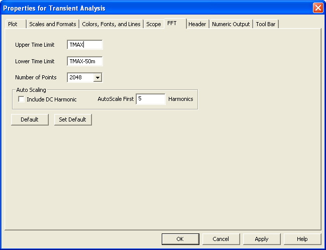 FFT page of the Properties dialog box