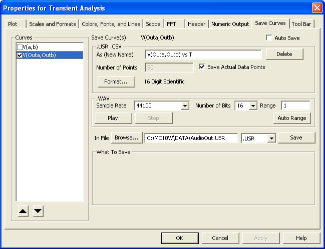 WAV, CSV, and USR file export dialog box