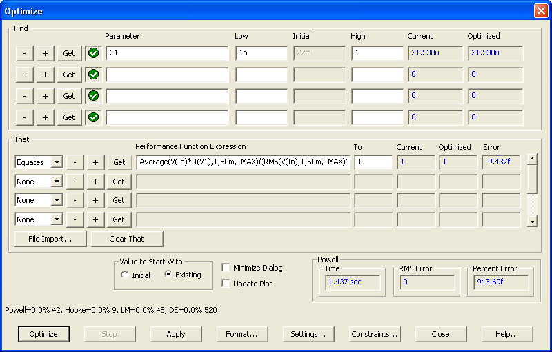 Power factor correction optimization settings