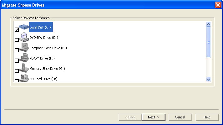 Migrate Choose Drives dialog box