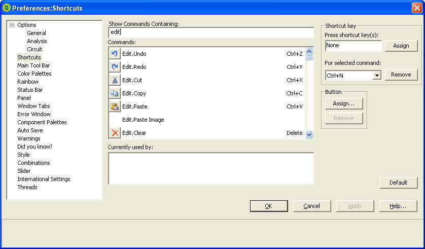 Shortcuts dialog box