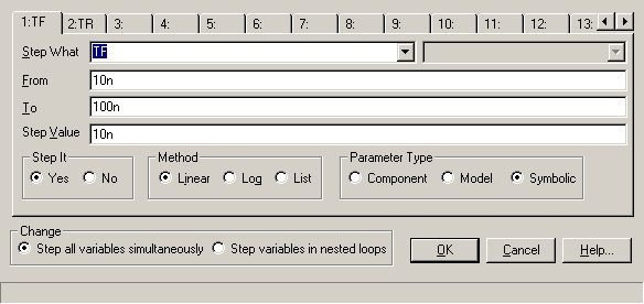 Stepping dialog box options to step the TF parameter