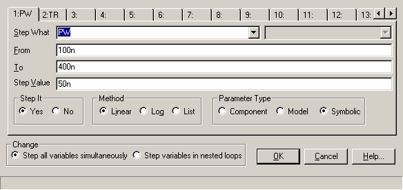 Stepping dialog box options to step the PW parameter