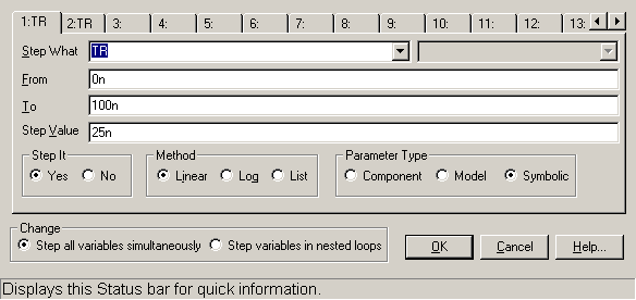 Stepping dialog box options to step the TR and related TF