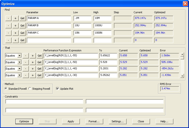 Optimized thermistor results in the Optimize dialog box