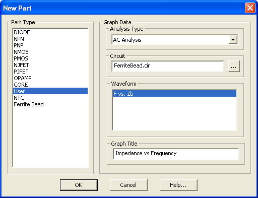 New Part dialog box settings for the ferrite bead subcircuit