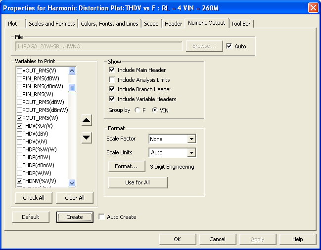 Numeric Output page of the Harmonic Distortion Window Properties dialog box