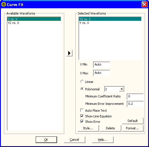 The Curve Fit dialog box