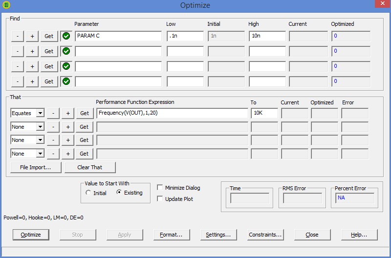 Optmizer initial settings