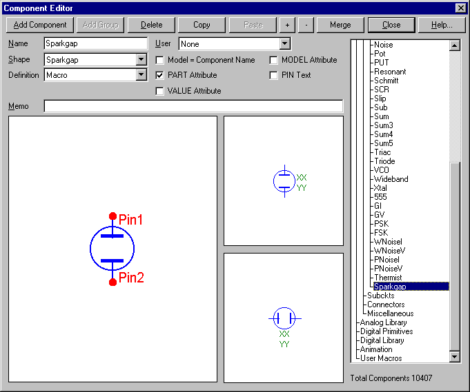 Spark-Gap Component Editor Settings